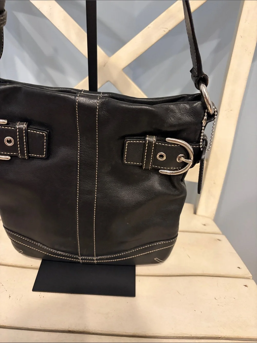 Coach SoHo Slim Duffle Black Leather Shoulder Bag with Silver Hardware 1453